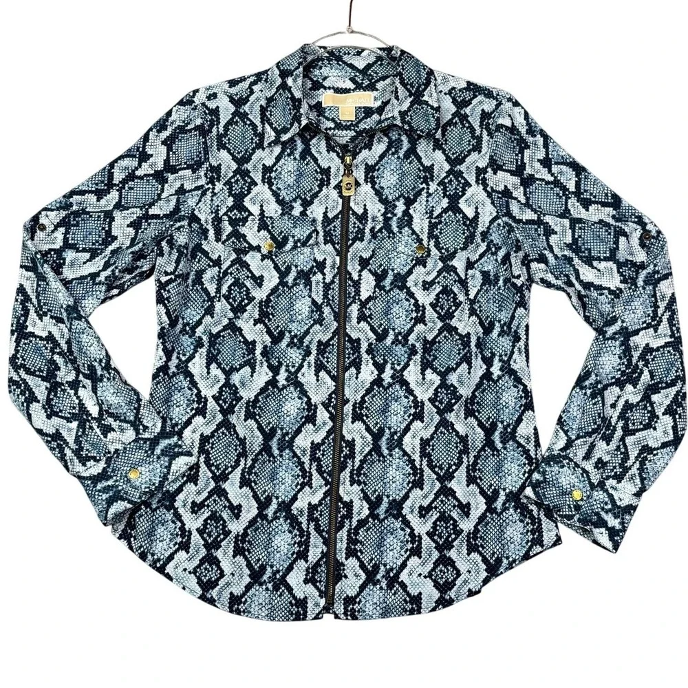 Michael Kors Womens Blue Snakeskin Print Zip‎ Front Utility Shirt Blouse Medium